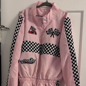 Dance costume Kids Pink Racing Jumpstuit with Checkered Patches